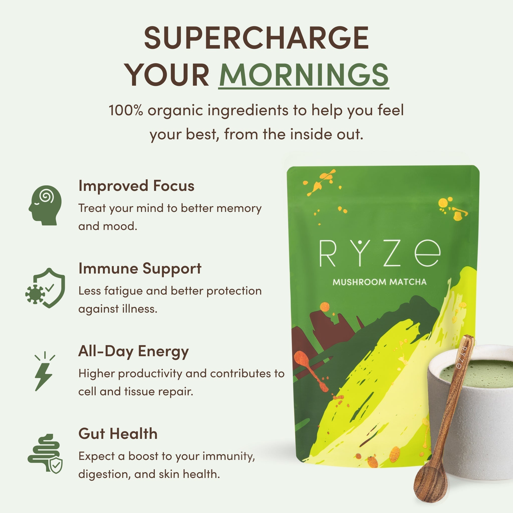 RYZE Mushroom Matcha — Organic Instant Matcha Latte with Lion's Mane & King Trumpet, 30 Servings T8
