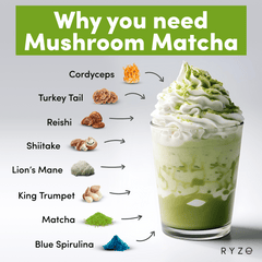 RYZE Mushroom Matcha - with 6 Organic Adaptogenic Mushrooms Grown In USA and Ceremonial-Grade Japanese Matcha V7