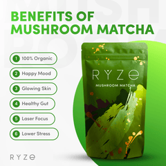 RYZE Mushroom Matcha - with 6 Organic Adaptogenic Mushrooms Grown In USA and Ceremonial-Grade Japanese Matcha V7