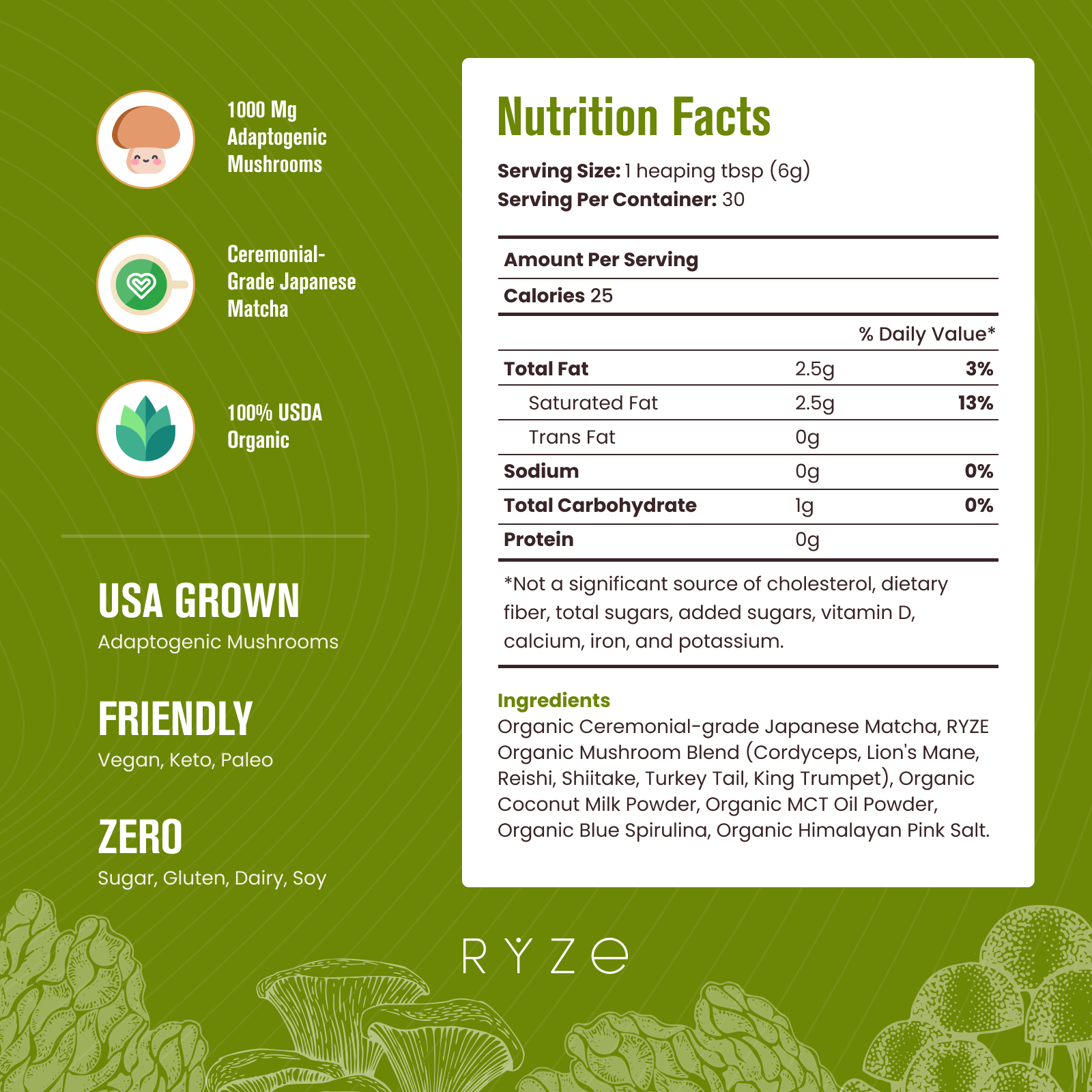 RYZE Mushroom Matcha - with 6 Organic Adaptogenic Mushrooms Grown In USA and Ceremonial-Grade Japanese Matcha V7